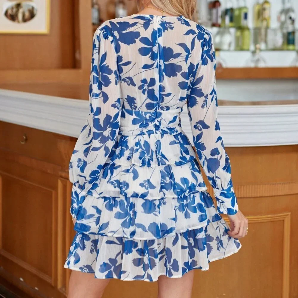 Multicolor Boho Women's Plant Printed Multi-Layer Ruffled Hem Dress Vacation